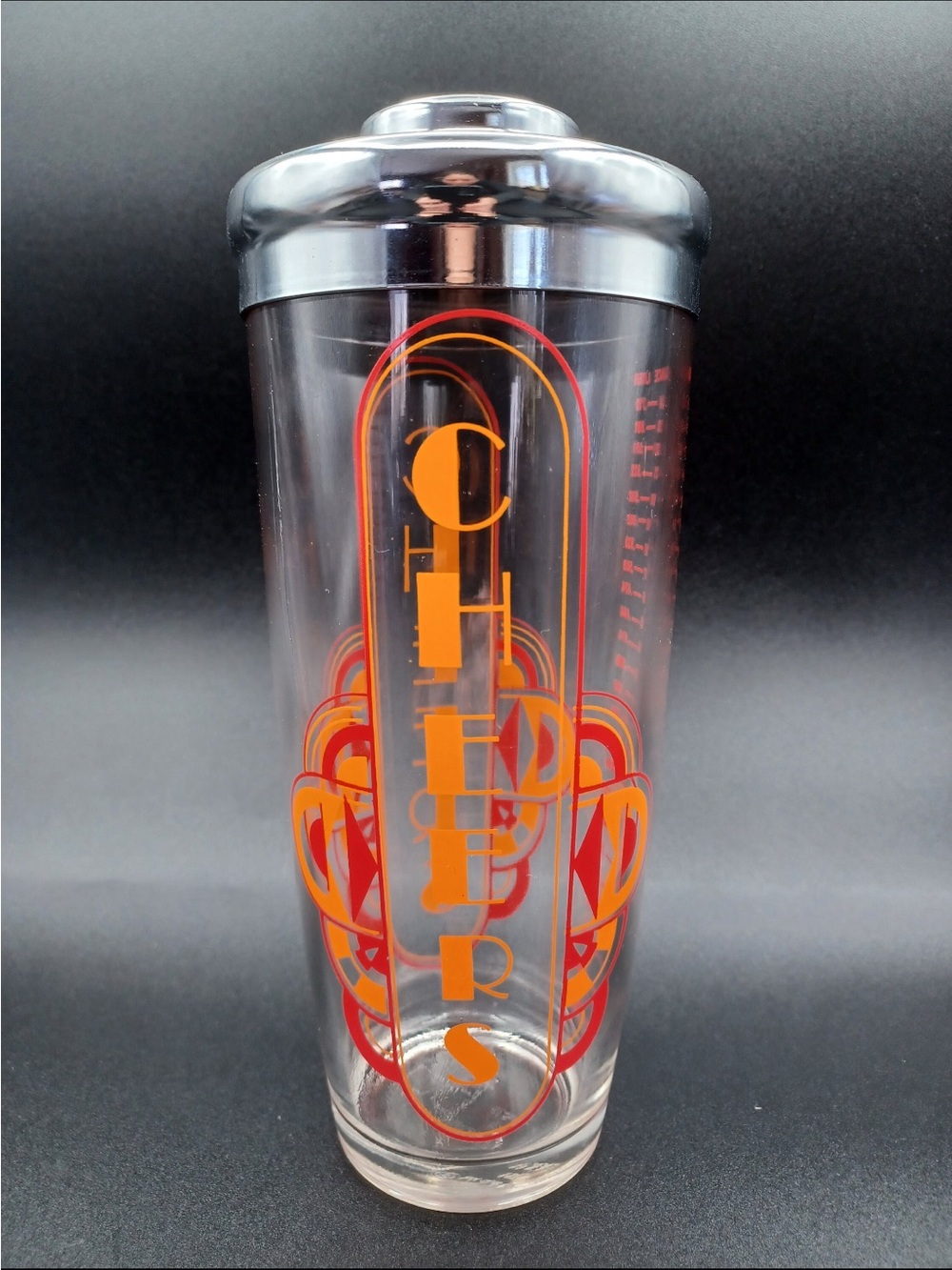 Vintage Irvinware Glass Art Deco “Cheers” Cocktail Shaker Barware Like New 70s